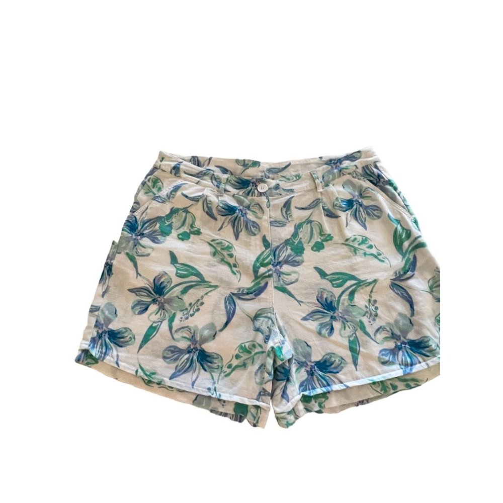 Charlie Paige Linen Blend Flat Front Blue White Floral Shorts Women’s L